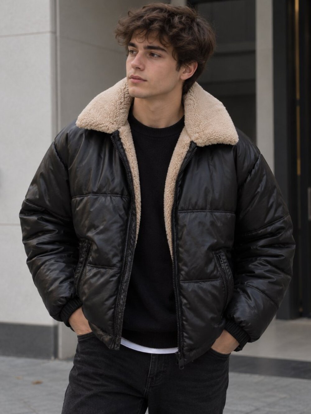 Never Used..Zara Men's Black Faux Leather Puffer Jacket with Cream Sherpa Lining